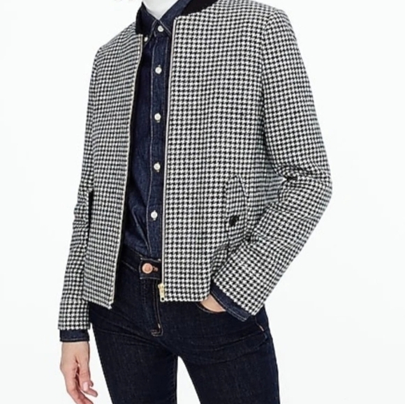 J Crew Size XS Black White Houndstooth Wool Bomber Zip Jacket - Picture 7 of 7